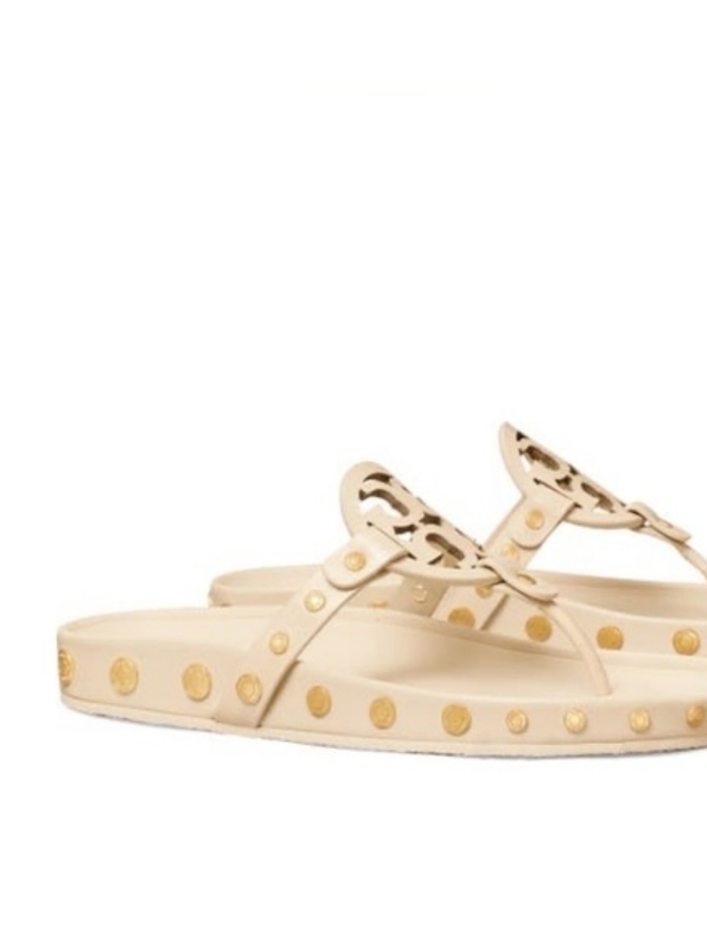 Tory Burch Cream Miller Logo Thong Sandals with Gold Studs, Never Worn